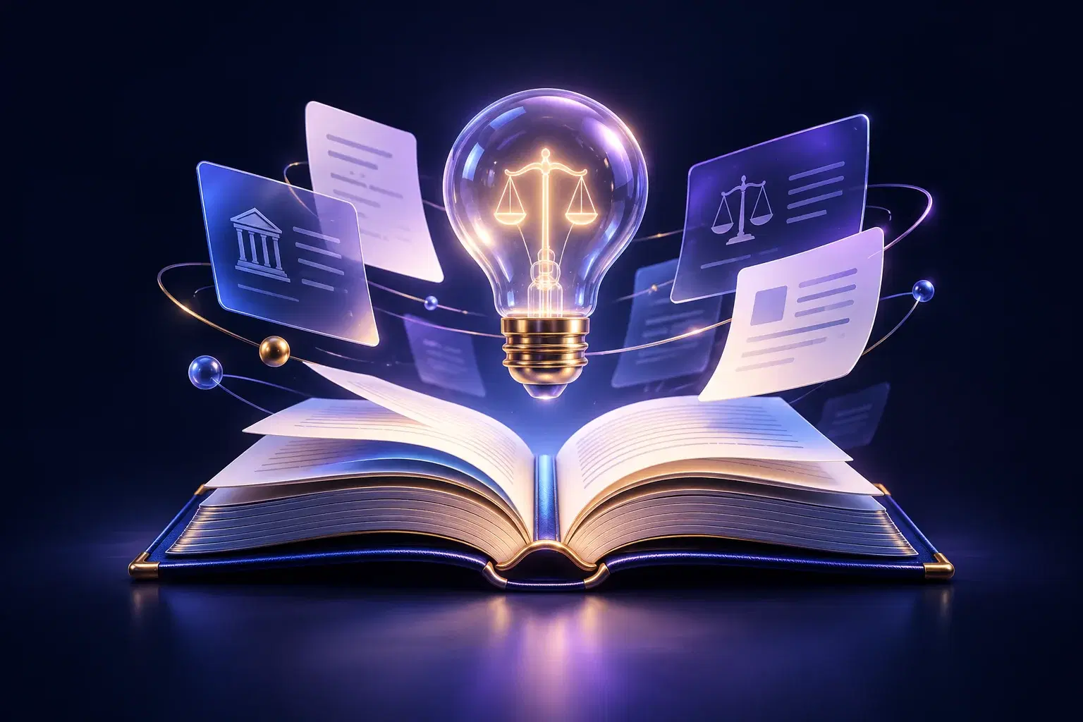 A glowing lightbulb and legal insight cards above an open book