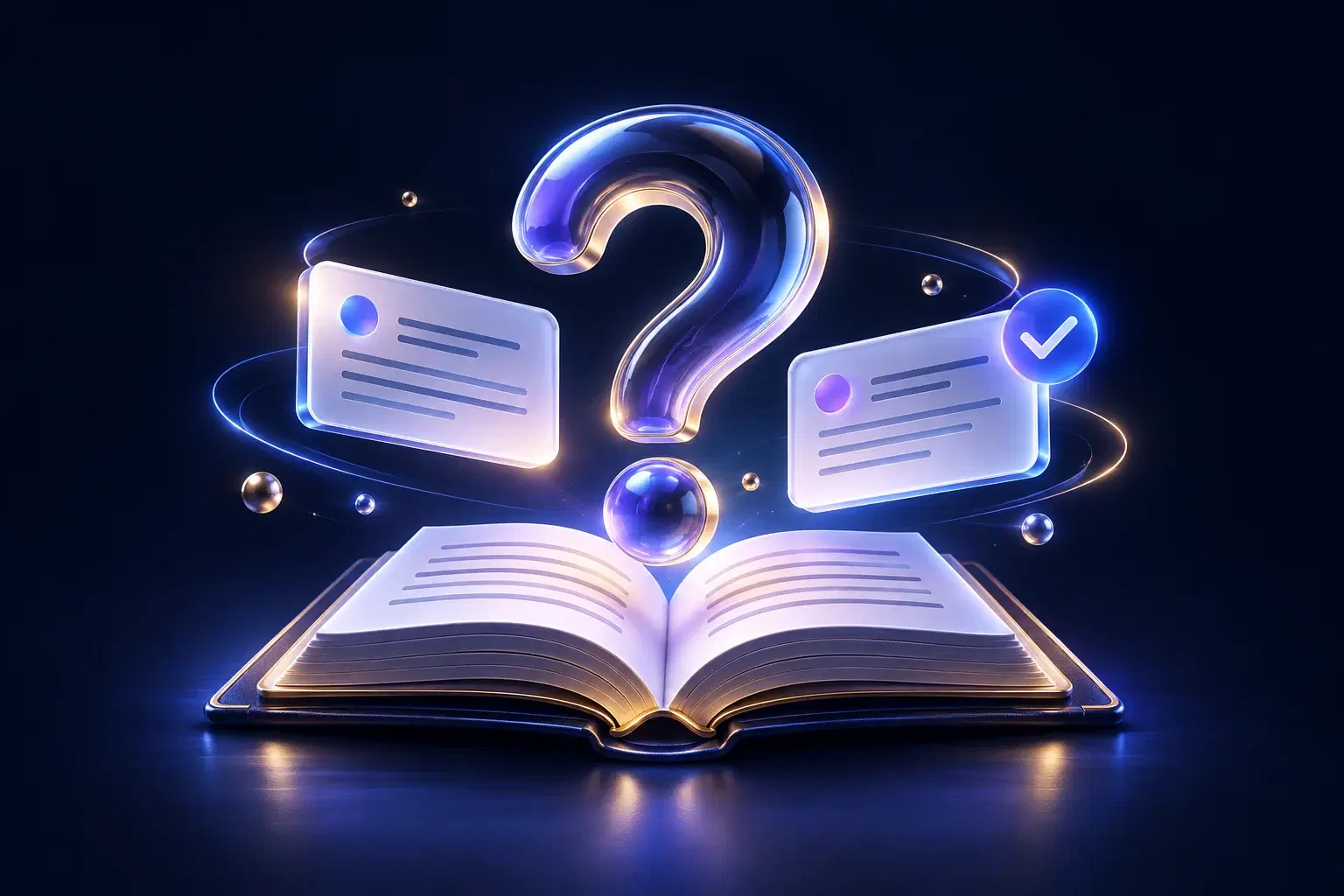 A question mark and answer cards above an open legal knowledge book