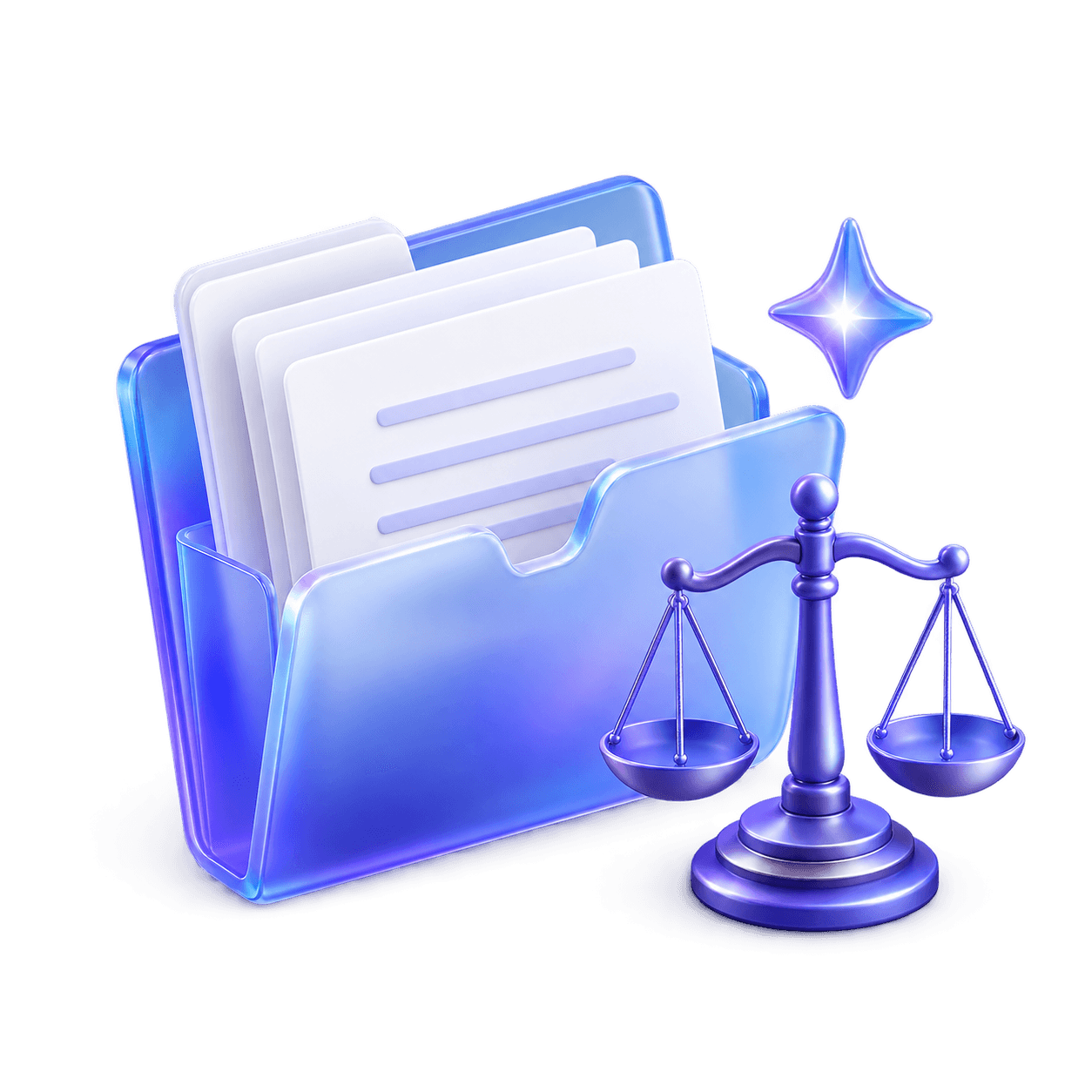 3D blue and purple matter folder with legal documents, scales of justice, and an AI sparkle